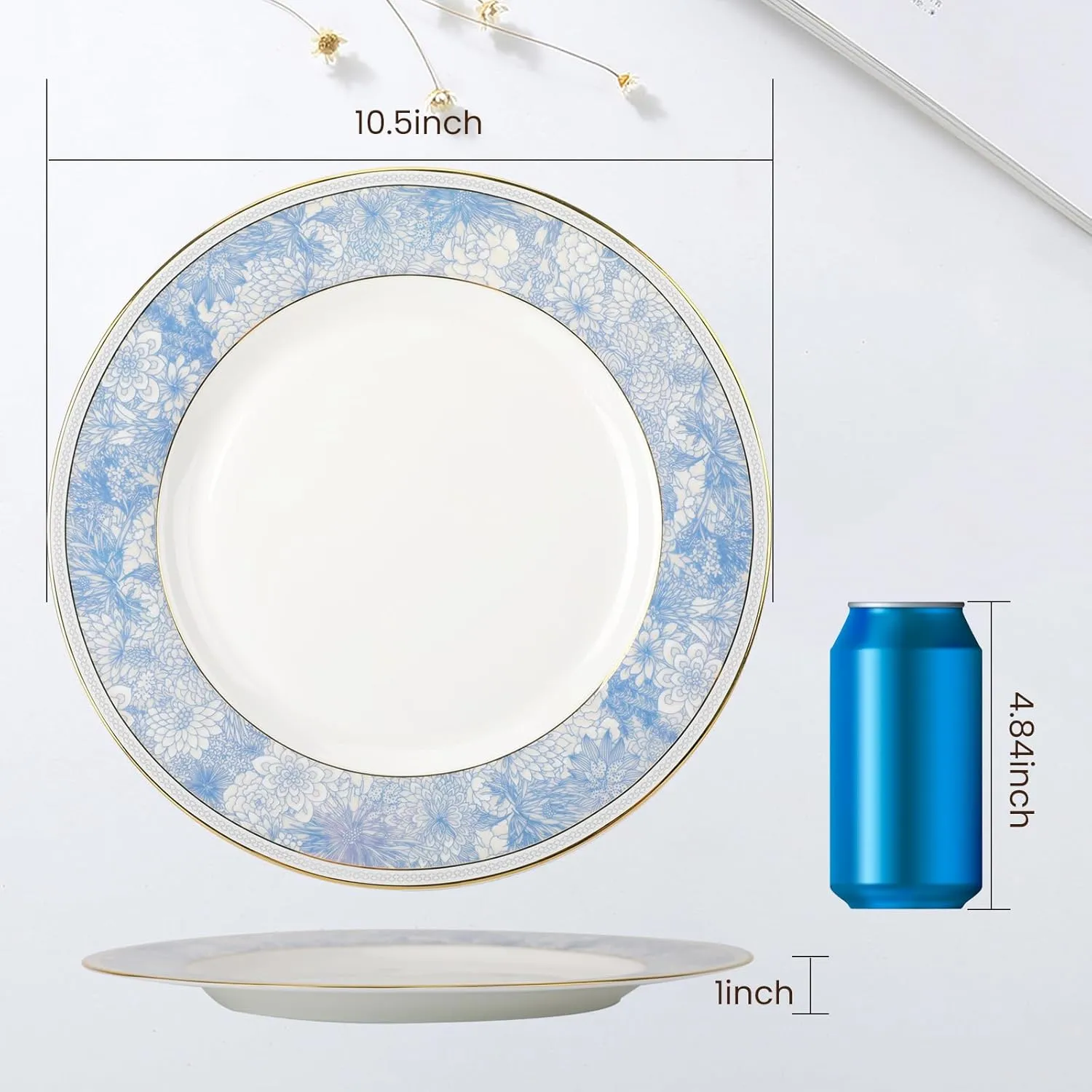 Fine Bone China Dinner Plates Sets,4 Pcs 10.5 inch Electrooptic Pattern Plate Gilt Edged High Grade Dinnerware Sets For 4 People Suitable for Dining Party or Gift,Comes with Gift Box