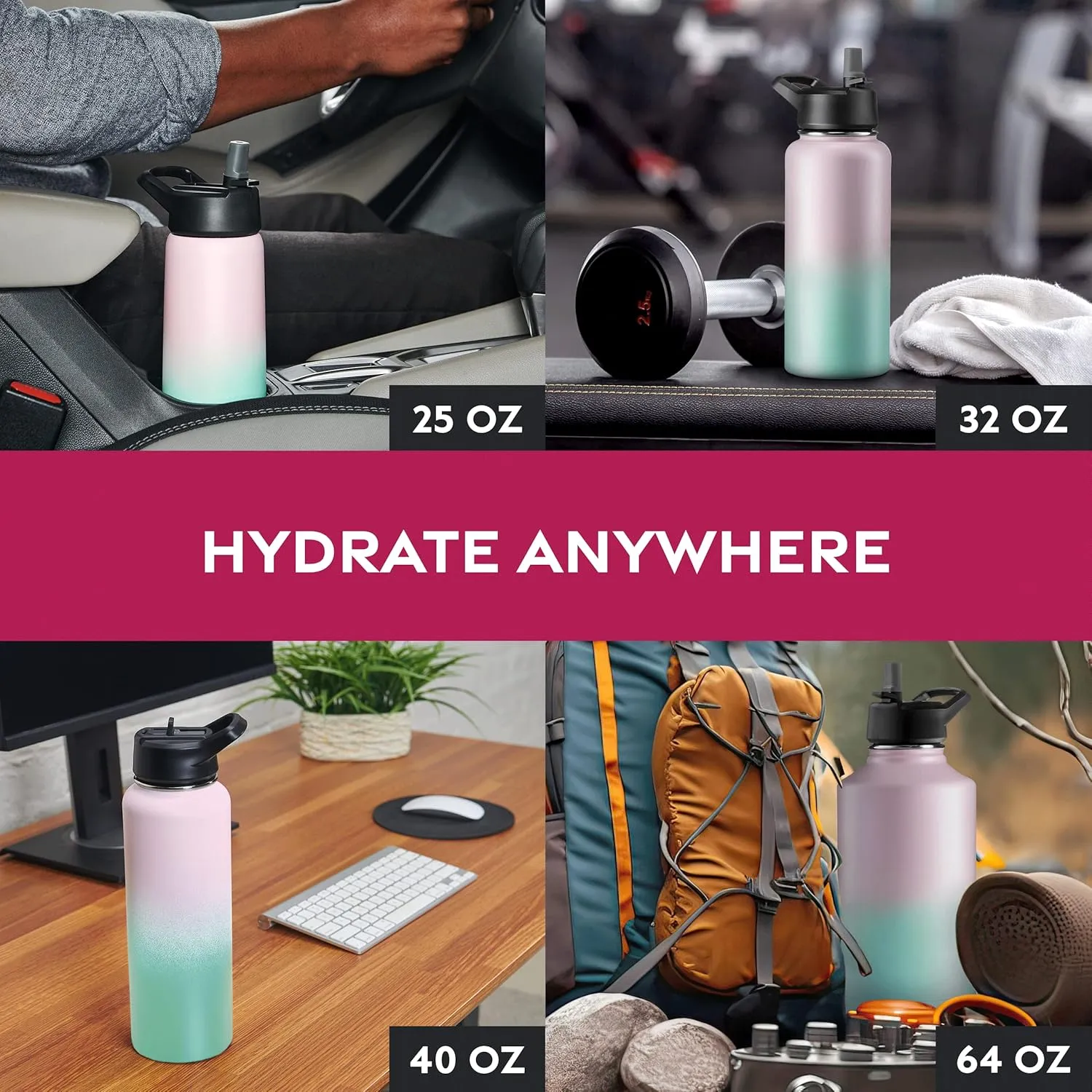 FineDine Water Bottle - Stainless Steel Insulated Water Bottle with Straw Lid, Flip Lid & Wide-Mouth Cap - Keeps Hot and Cold - 64 Oz / 1.89L - Majestic Sapphire