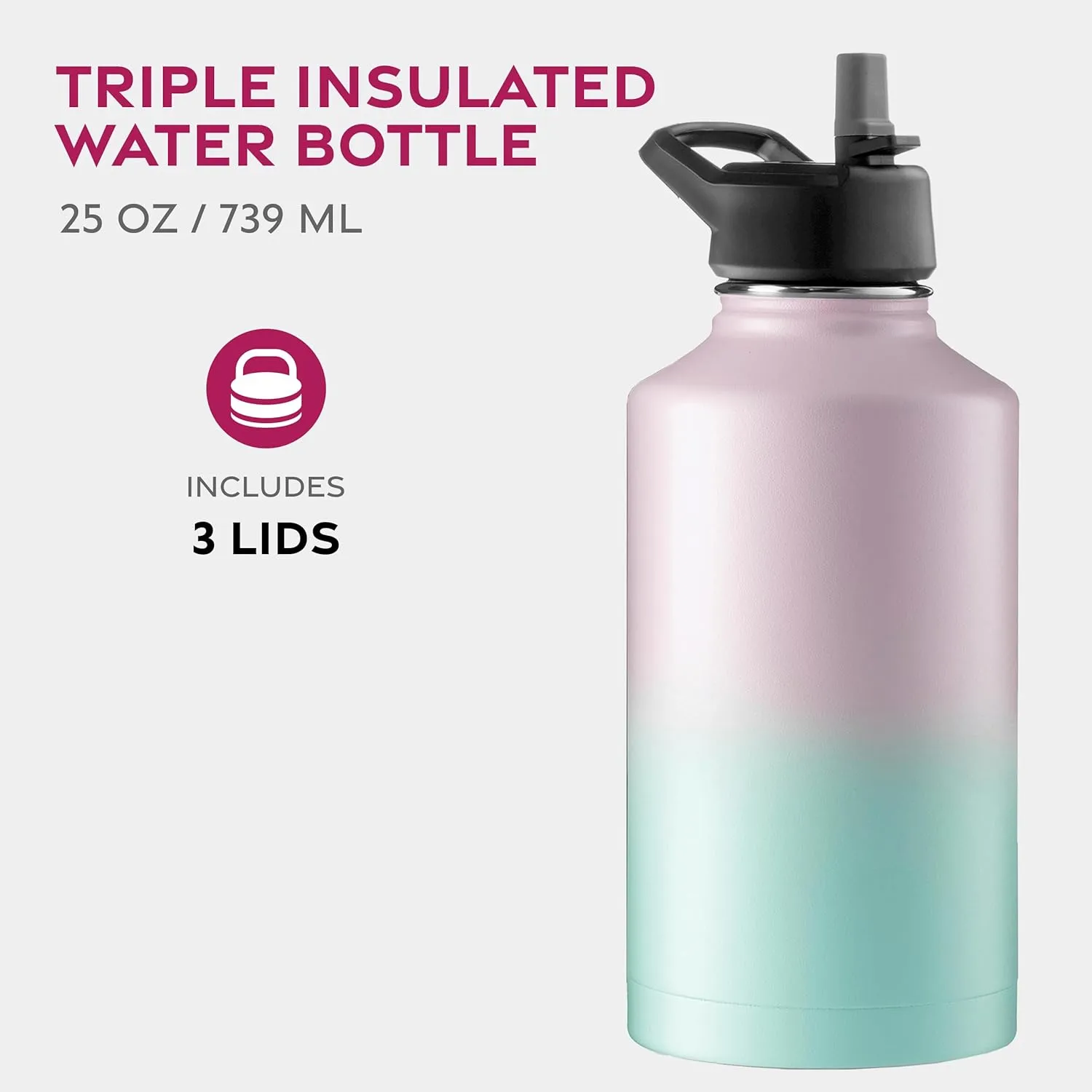 FineDine Water Bottle - Stainless Steel Insulated Water Bottle with Straw Lid, Flip Lid & Wide-Mouth Cap - Keeps Hot and Cold - 64 Oz / 1.89L - Majestic Sapphire