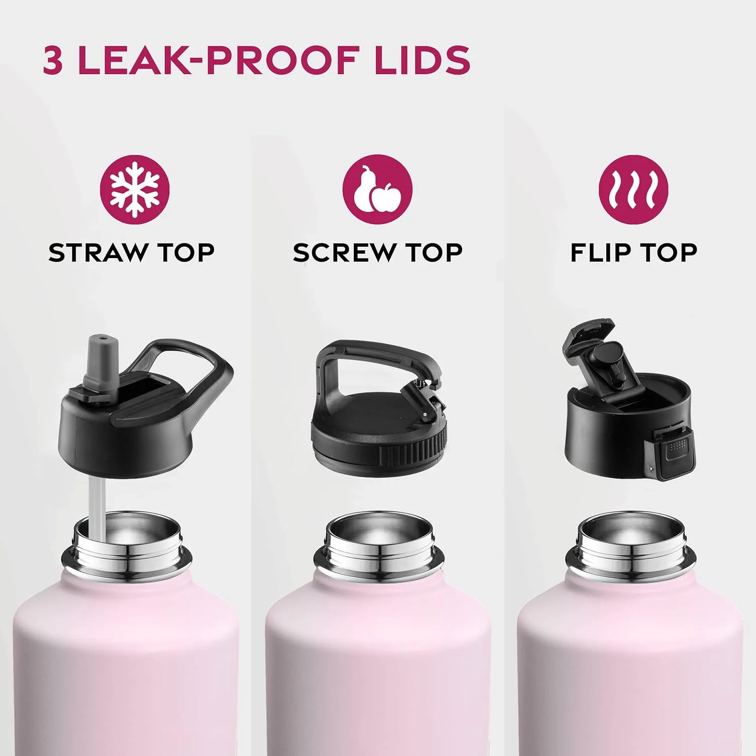 FineDine Water Bottle - Stainless Steel Insulated Water Bottle with Straw Lid, Flip Lid & Wide-Mouth Cap - Keeps Hot and Cold - 64 Oz / 1.89L - Majestic Sapphire