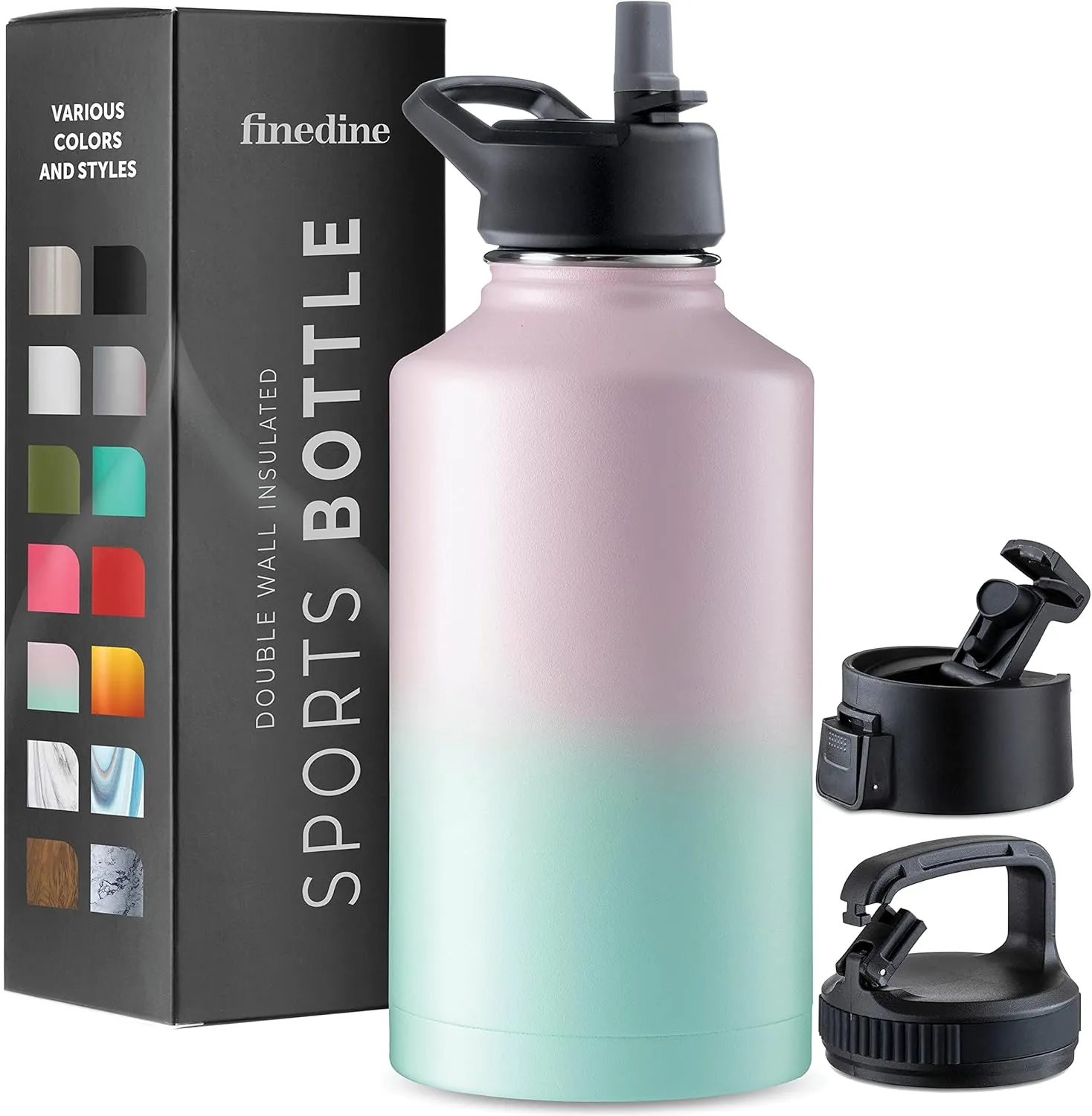 FineDine Water Bottle - Stainless Steel Insulated Water Bottle with Straw Lid, Flip Lid & Wide-Mouth Cap - Keeps Hot and Cold - 64 Oz / 1.89L - Majestic Sapphire