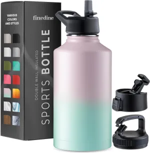 FineDine Water Bottle - Stainless Steel Insulated Water Bottle with Straw Lid, Flip Lid & Wide-Mouth Cap - Keeps Hot and Cold - 64 Oz / 1.89L - Majestic Sapphire