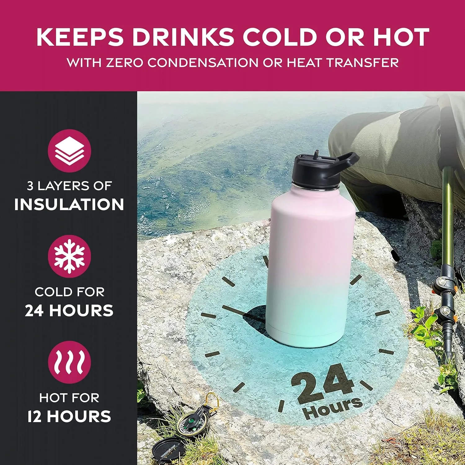 FineDine Water Bottle - Stainless Steel Insulated Water Bottle with Straw Lid, Flip Lid & Wide-Mouth Cap - Keeps Hot and Cold - 64 Oz / 1.89L - Majestic Sapphire