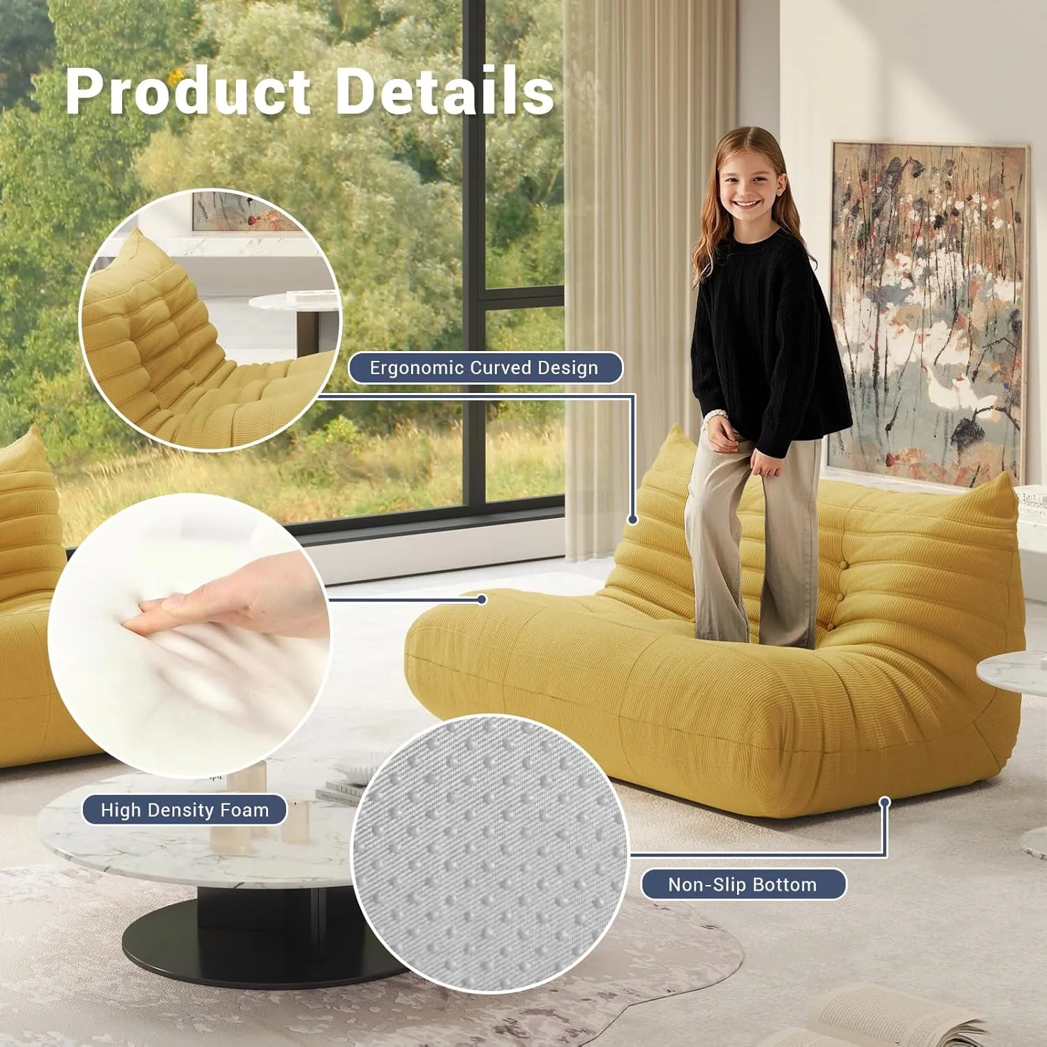 Fireside Chair Corner Bean Bag Chair for Adults, Modern Corduroy Fabric Caterpillar Sofa Couch, Lazy Floor Sofa Armless Foam Sofa Lounger Tatami Recliner Sofa for Living Room Bedroom Dorm Office