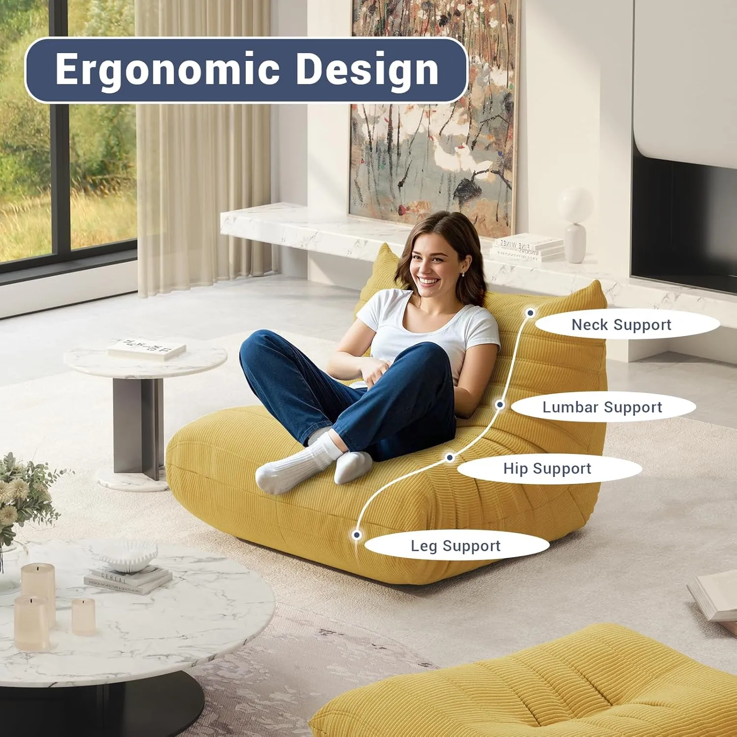 Fireside Chair Corner Bean Bag Chair for Adults, Modern Corduroy Fabric Caterpillar Sofa Couch, Lazy Floor Sofa Armless Foam Sofa Lounger Tatami Recliner Sofa for Living Room Bedroom Dorm Office