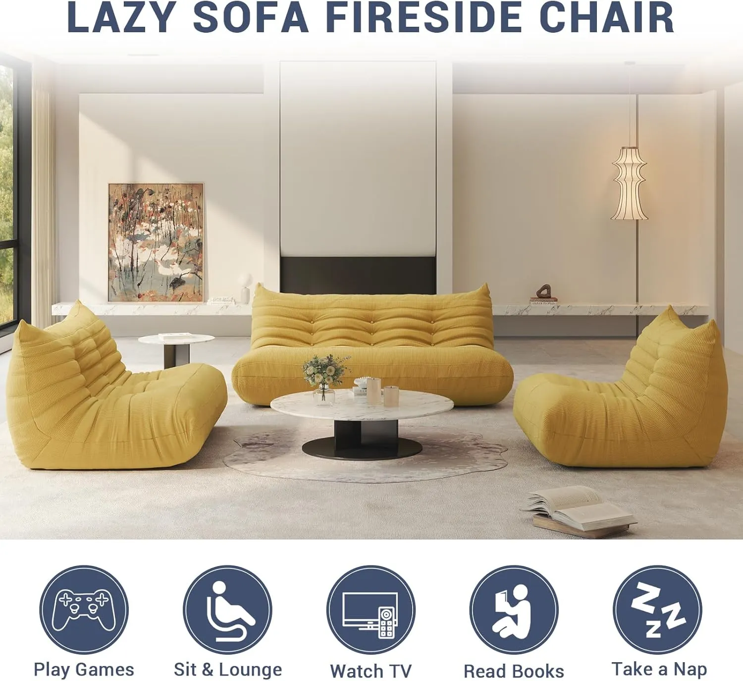 Fireside Chair Corner Bean Bag Chair for Adults, Modern Corduroy Fabric Caterpillar Sofa Couch, Lazy Floor Sofa Armless Foam Sofa Lounger Tatami Recliner Sofa for Living Room Bedroom Dorm Office