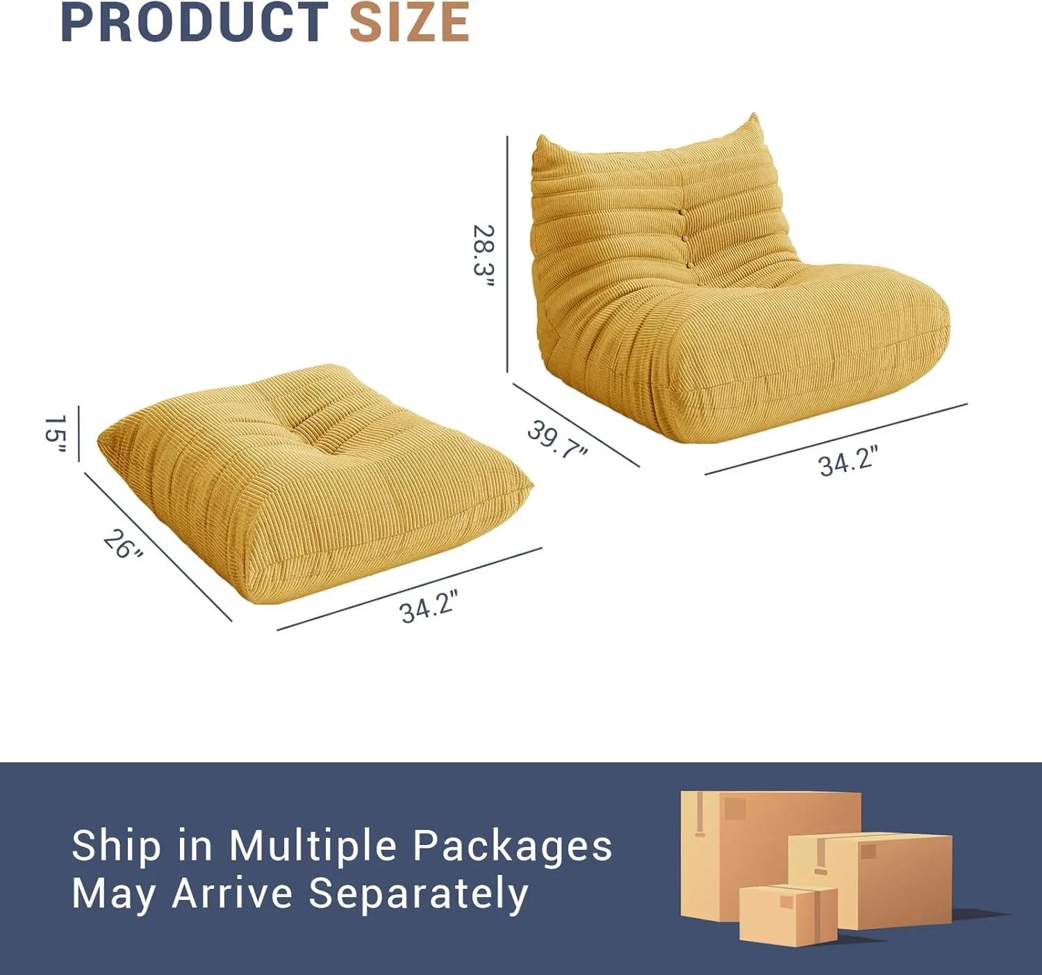 Fireside Chair Corner Bean Bag Chair for Adults, Modern Corduroy Fabric Caterpillar Sofa Couch, Lazy Floor Sofa Armless Foam Sofa Lounger Tatami Recliner Sofa for Living Room Bedroom Dorm Office