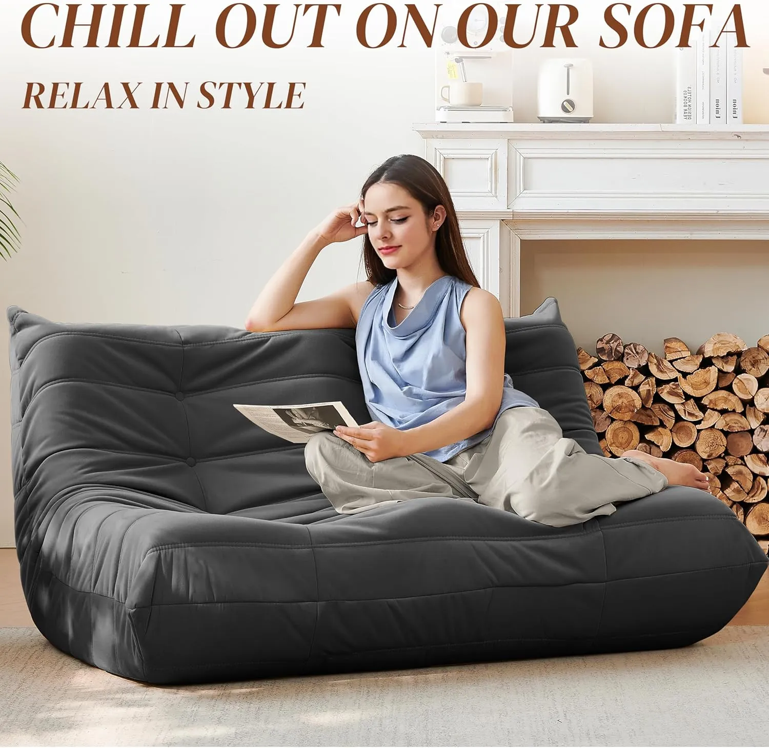 Fireside Loveseat Couch, Modern Suede Fabric Bean Bag Chair, Premium Microfiber Sofas Couch, Corner Floor Sofa, Lazy Chairs Sofa for Living Room/Bedroom/Salon/Office, Dark Gray