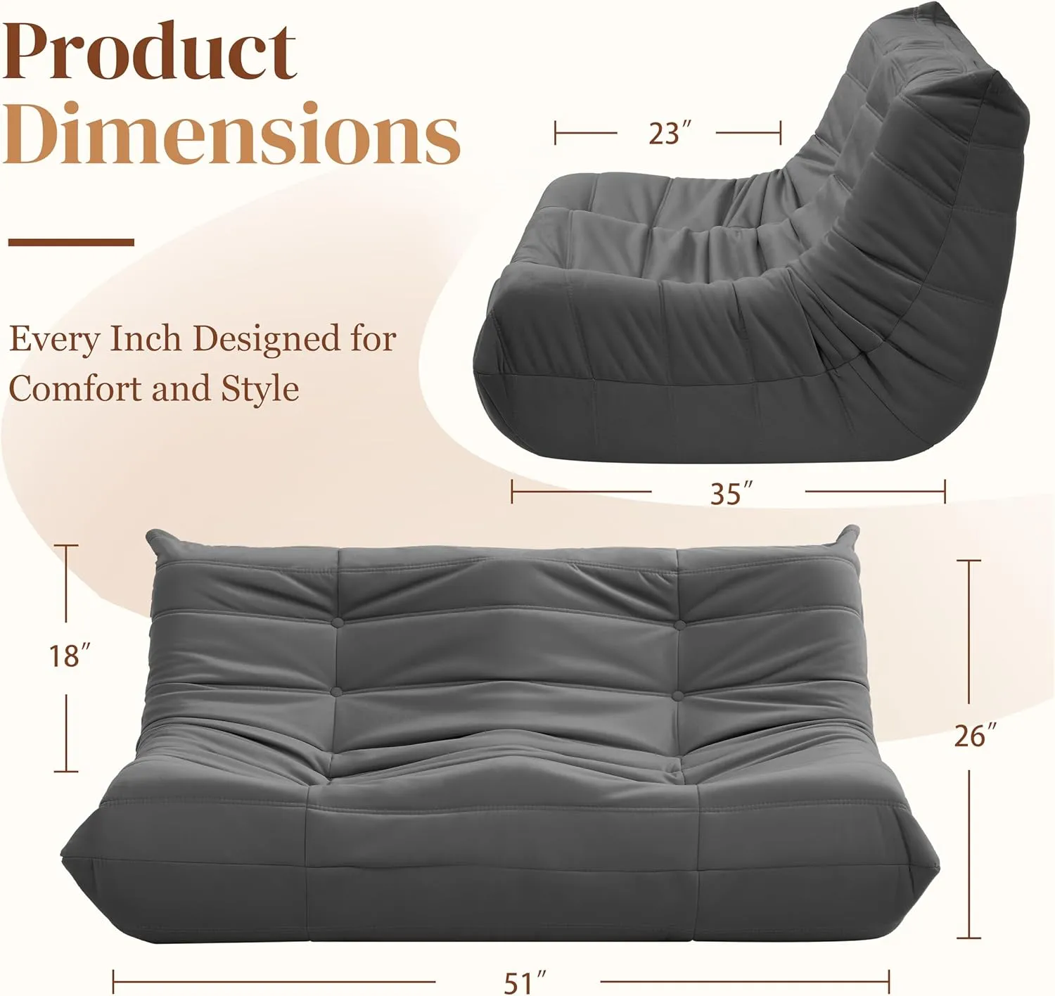 Fireside Loveseat Couch, Modern Suede Fabric Bean Bag Chair, Premium Microfiber Sofas Couch, Corner Floor Sofa, Lazy Chairs Sofa for Living Room/Bedroom/Salon/Office, Dark Gray