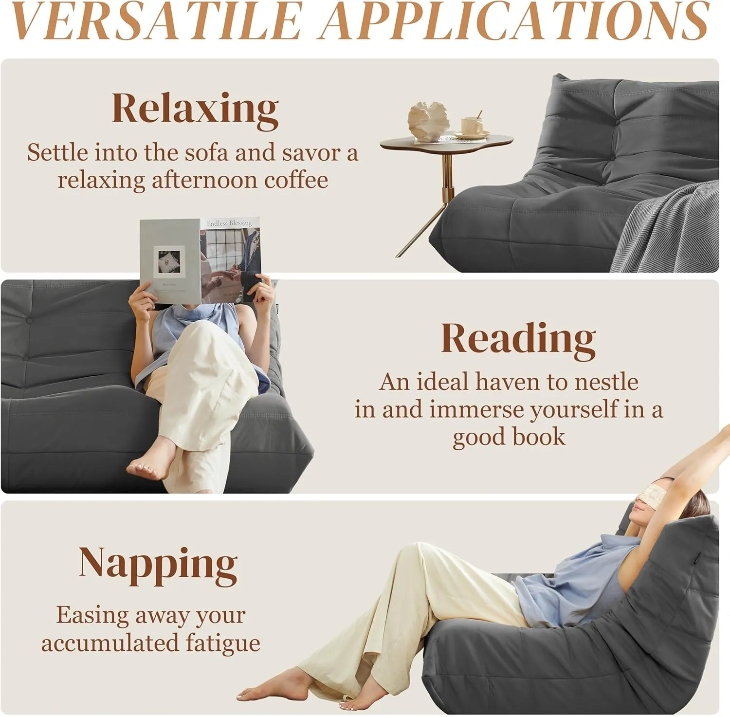 Fireside Loveseat Couch, Modern Suede Fabric Bean Bag Chair, Premium Microfiber Sofas Couch, Corner Floor Sofa, Lazy Chairs Sofa for Living Room/Bedroom/Salon/Office, Dark Gray