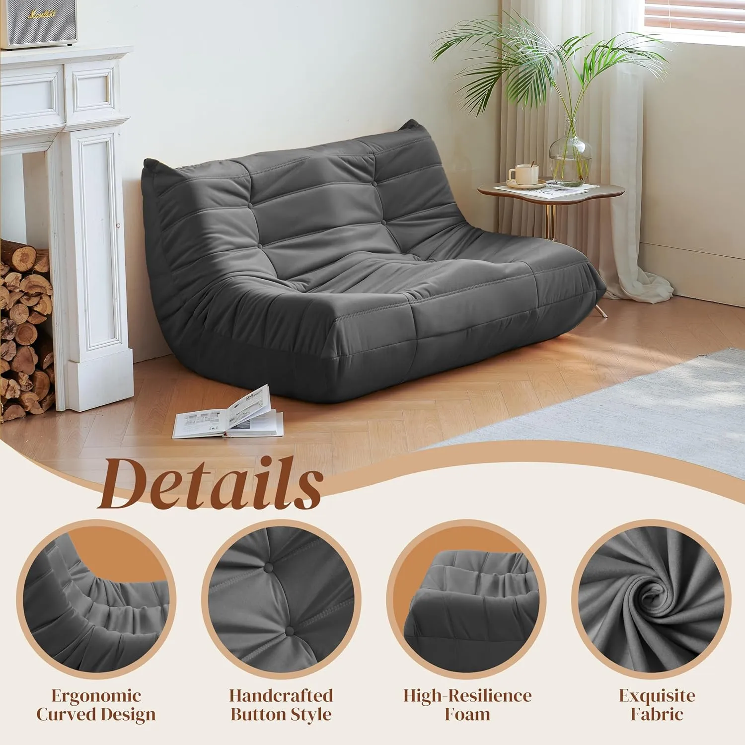 Fireside Loveseat Couch, Modern Suede Fabric Bean Bag Chair, Premium Microfiber Sofas Couch, Corner Floor Sofa, Lazy Chairs Sofa for Living Room/Bedroom/Salon/Office, Dark Gray