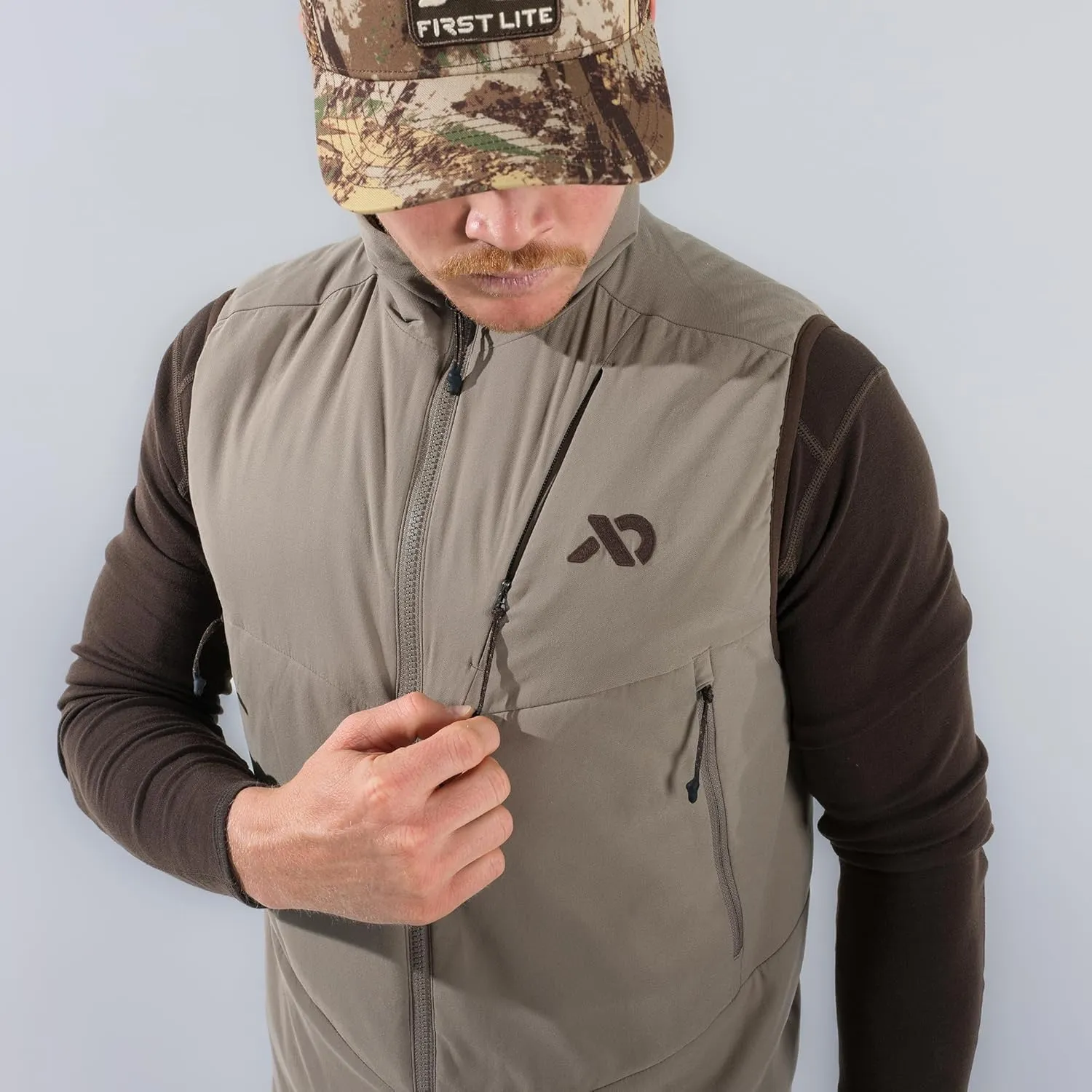 First Lite Men's Primer Puffy Vest - Insulated Windproof Camo Waterfowl Hunting Vest