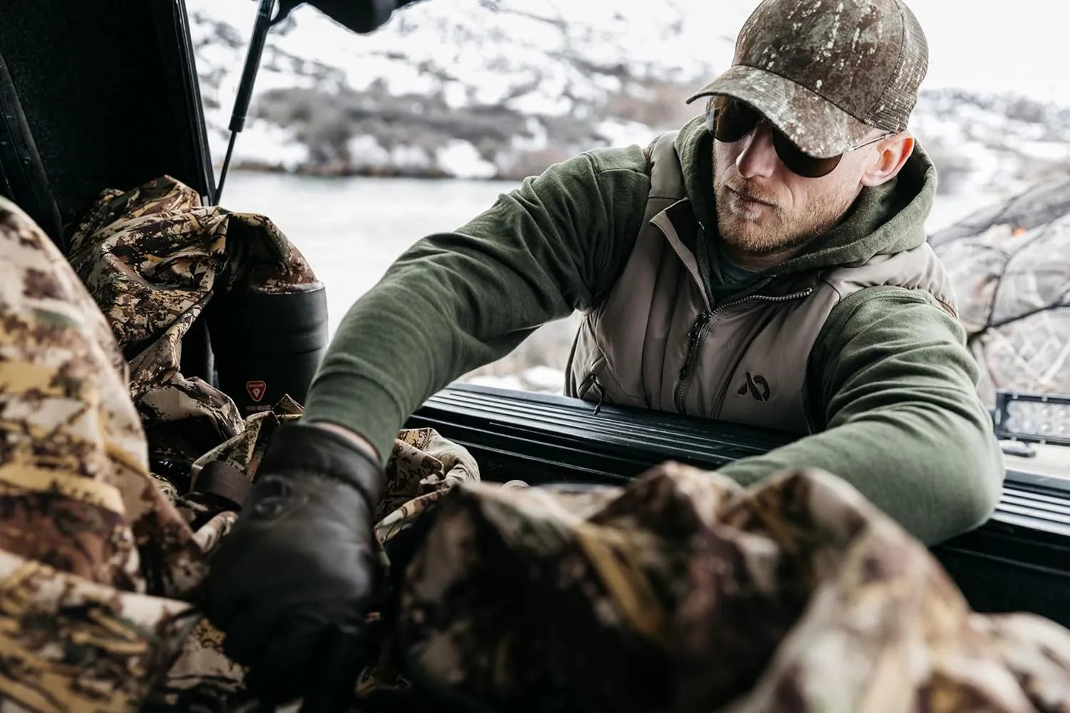 First Lite Men's Primer Puffy Vest - Insulated Windproof Camo Waterfowl Hunting Vest