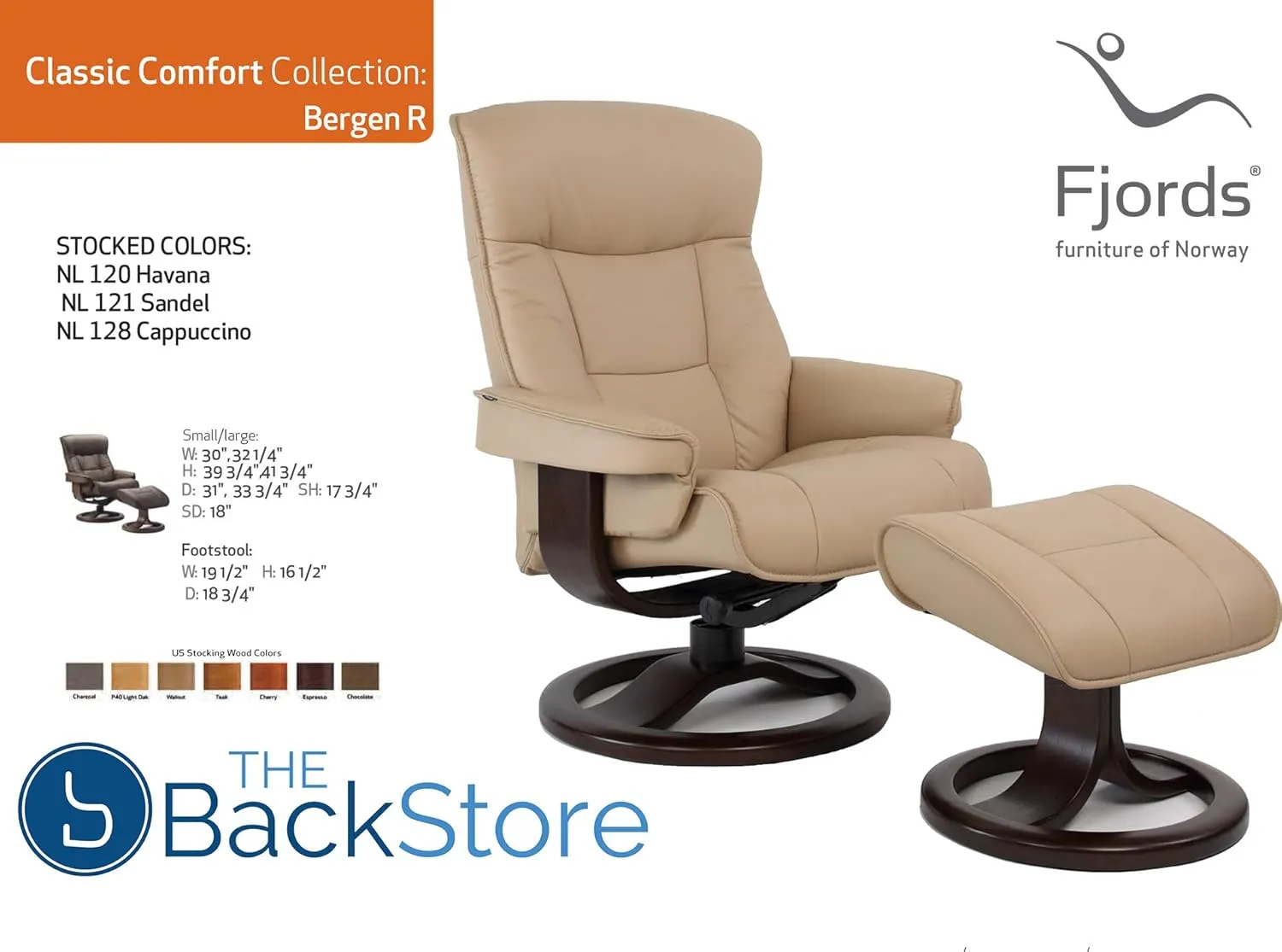 Fjords 775 Bergen Large Recliner and Ottoman Norwegian Ergonomic Scandinavian Lounge Reclining Chair Furniture Nordic Line Genuine Cappuccino Leather Espresso Wood