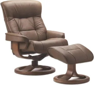 Fjords 775 Bergen Large Recliner and Ottoman Norwegian Ergonomic Scandinavian Lounge Reclining Chair Furniture Nordic Line Genuine Cappuccino Leather Espresso Wood
