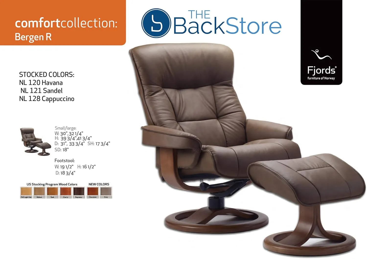 Fjords 775 Bergen Large Recliner and Ottoman Norwegian Ergonomic Scandinavian Lounge Reclining Chair Furniture Nordic Line Genuine Cappuccino Leather Espresso Wood