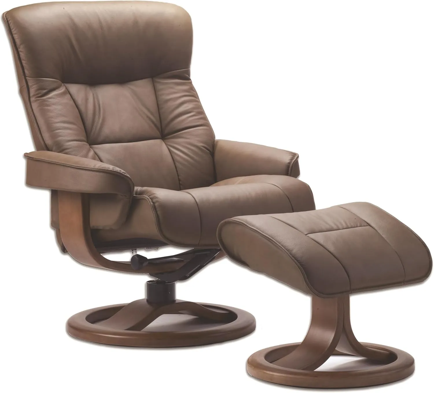 Fjords 775 Bergen Large Recliner and Ottoman Norwegian Ergonomic Scandinavian Lounge Reclining Chair Furniture Nordic Line Genuine Cappuccino Leather Espresso Wood