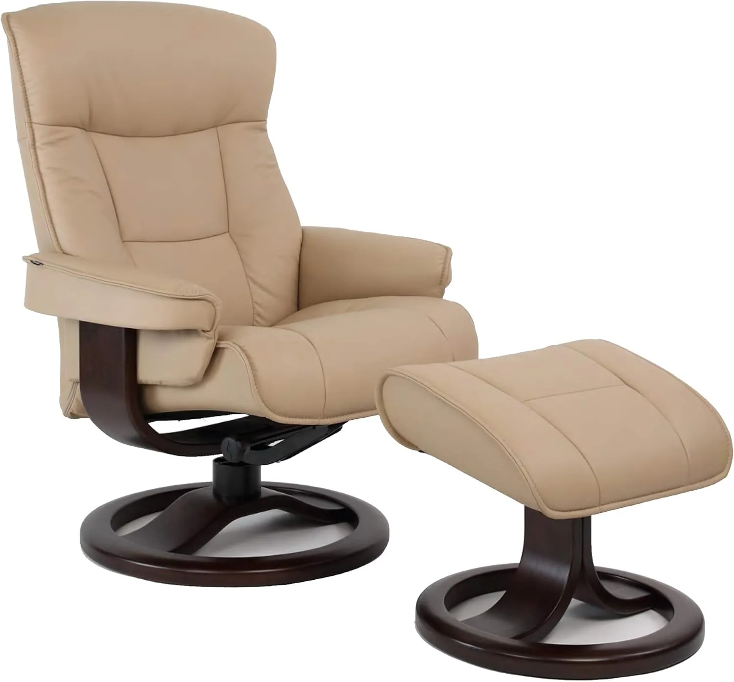 Fjords 775 Bergen Large Recliner and Ottoman Norwegian Ergonomic Scandinavian Lounge Reclining Chair Furniture Nordic Line Genuine Cappuccino Leather Espresso Wood