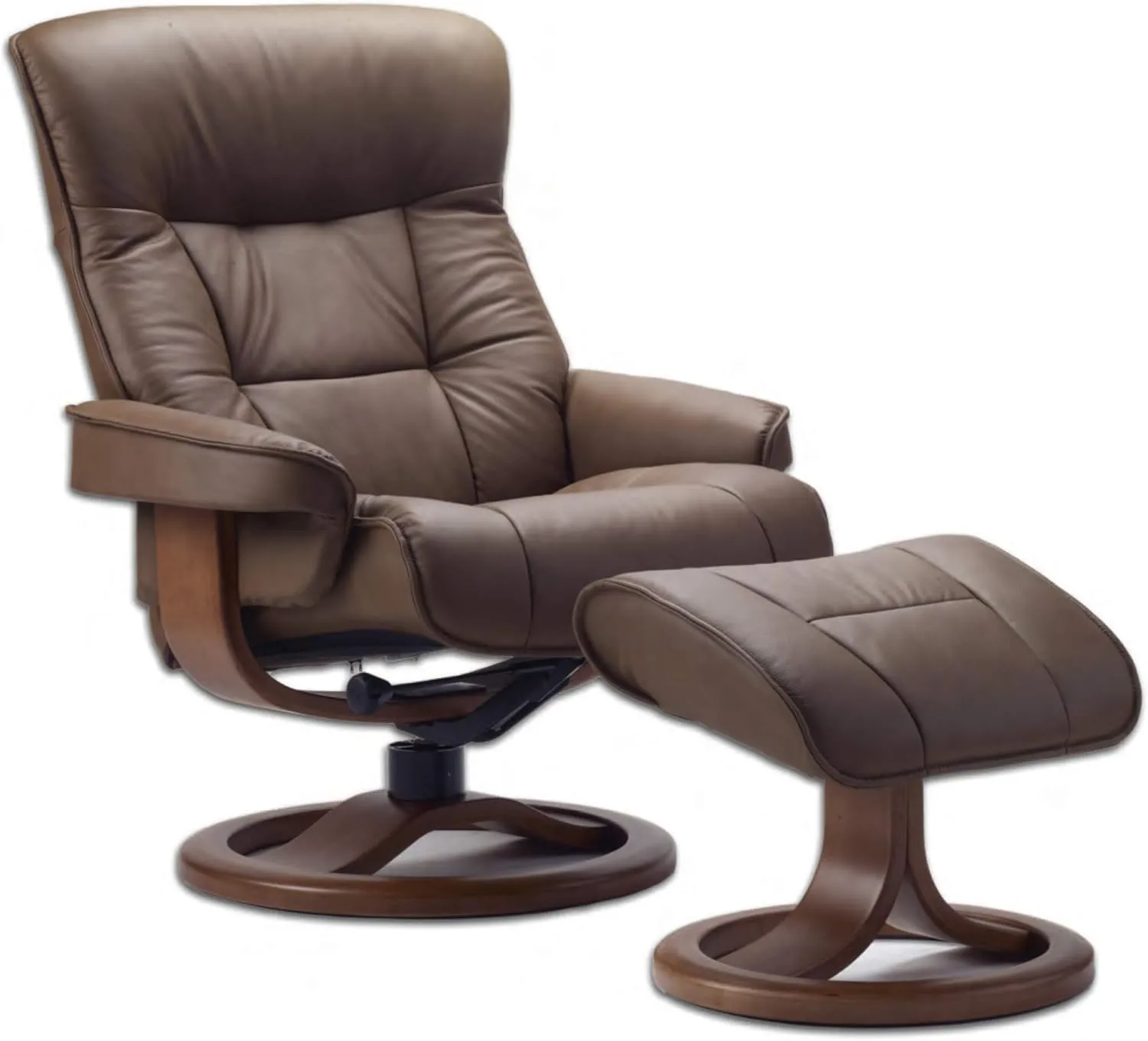 Fjords 775 Bergen Large Recliner and Ottoman Norwegian Ergonomic Scandinavian Lounge Reclining Chair Furniture Nordic Line Genuine Cappuccino Leather Espresso Wood