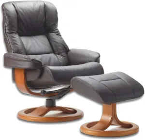 Fjords 855 Loen Small Leather Recliner Norwegian Ergonomic Scandinavian Lounge Reclining Chair Furniture Nordic Line Genuine Havana Dark Brown Leather Cherry Wood