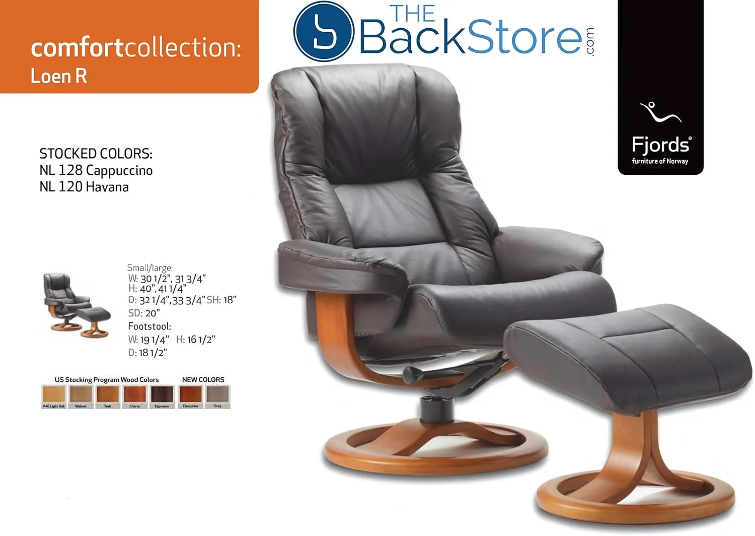 Fjords 855 Loen Small Leather Recliner Norwegian Ergonomic Scandinavian Lounge Reclining Chair Furniture Nordic Line Genuine Havana Dark Brown Leather Cherry Wood