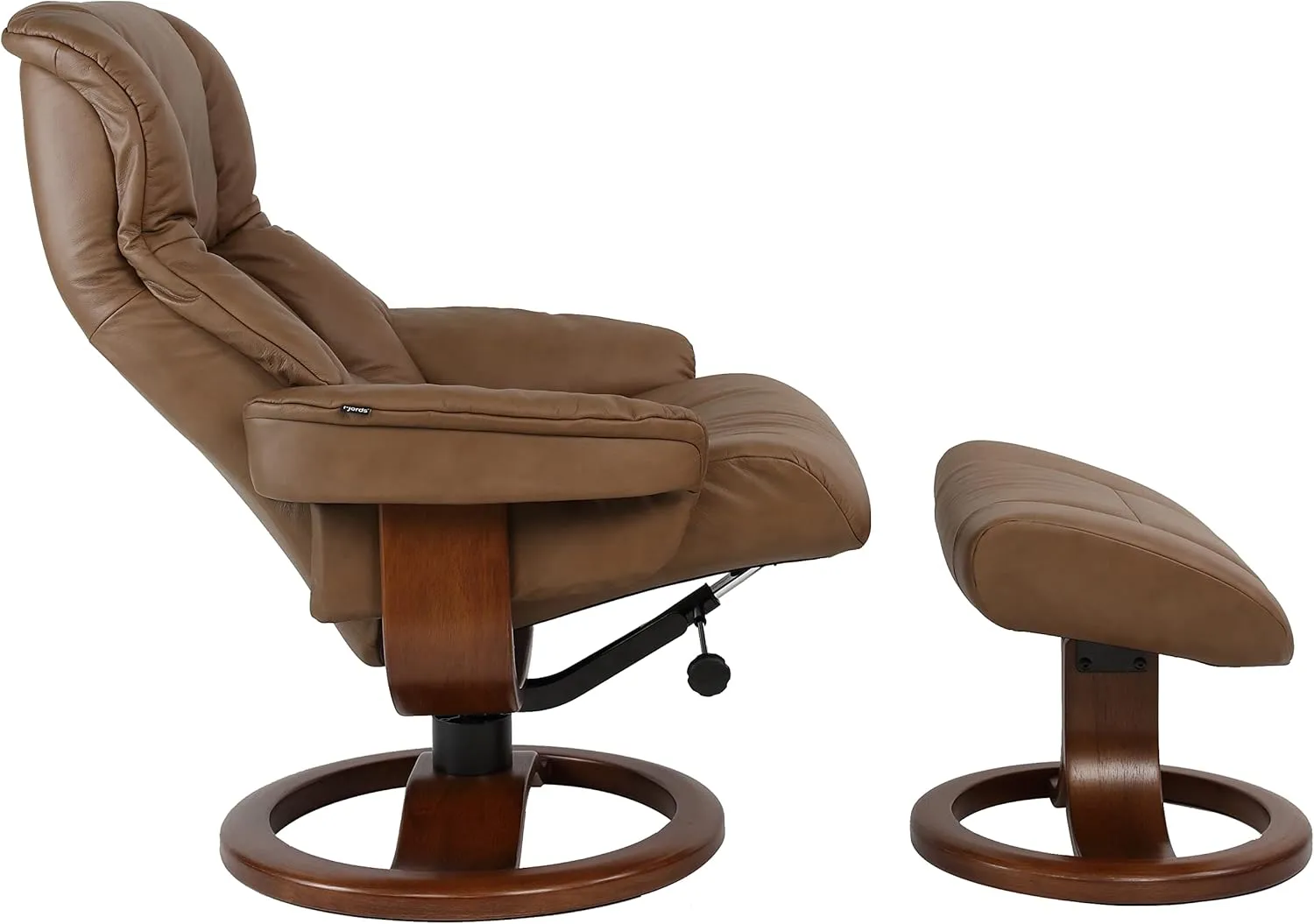 Fjords 855 Loen Small Leather Recliner Norwegian Ergonomic Scandinavian Lounge Reclining Chair Furniture Nordic Line Genuine Havana Dark Brown Leather Cherry Wood