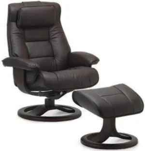 Fjords Mustang Small Leather Recliner Chair and Ottoman Norwegian Ergonomic Furniture Nordic Line Genuine Black Leather Walnut Wood