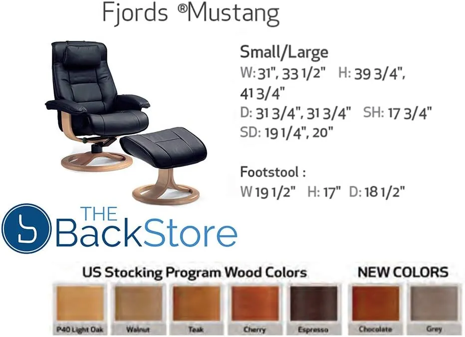 Fjords Mustang Small Leather Recliner Chair and Ottoman Norwegian Ergonomic Furniture Nordic Line Genuine Black Leather Walnut Wood