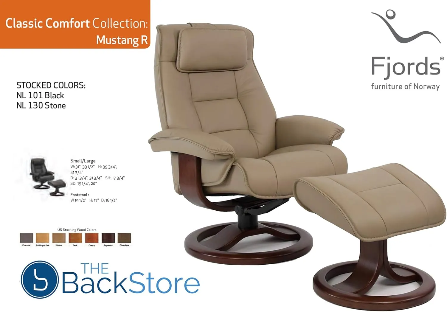 Fjords Mustang Small Leather Recliner Chair and Ottoman Norwegian Ergonomic Furniture Nordic Line Genuine Black Leather Walnut Wood