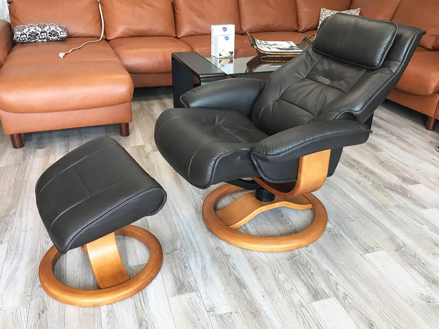 Fjords Mustang Small Leather Recliner Chair and Ottoman Norwegian Ergonomic Furniture Nordic Line Genuine Black Leather Walnut Wood