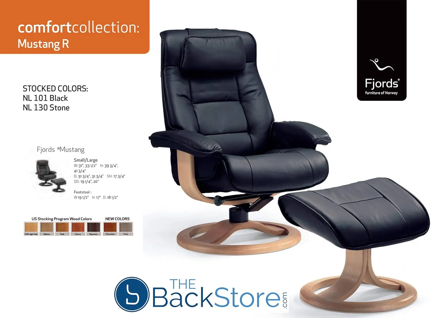 Fjords Mustang Small Leather Recliner Chair and Ottoman Norwegian Ergonomic Furniture Nordic Line Genuine Black Leather Walnut Wood