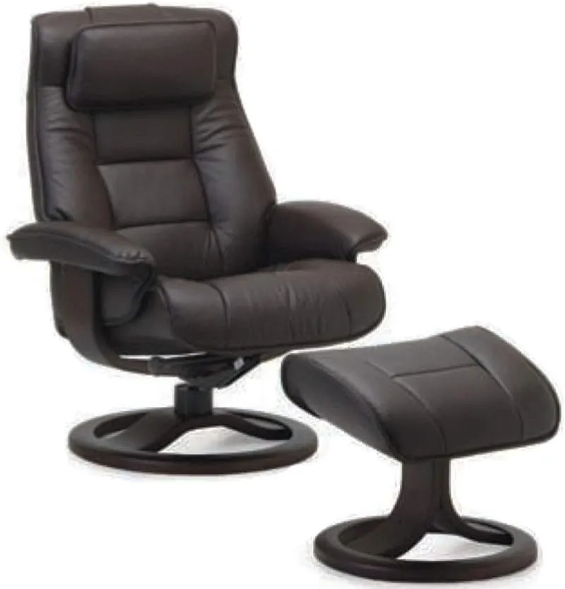 Fjords Mustang Small Leather Recliner Chair and Ottoman Norwegian Ergonomic Furniture Nordic Line Genuine Black Leather Walnut Wood