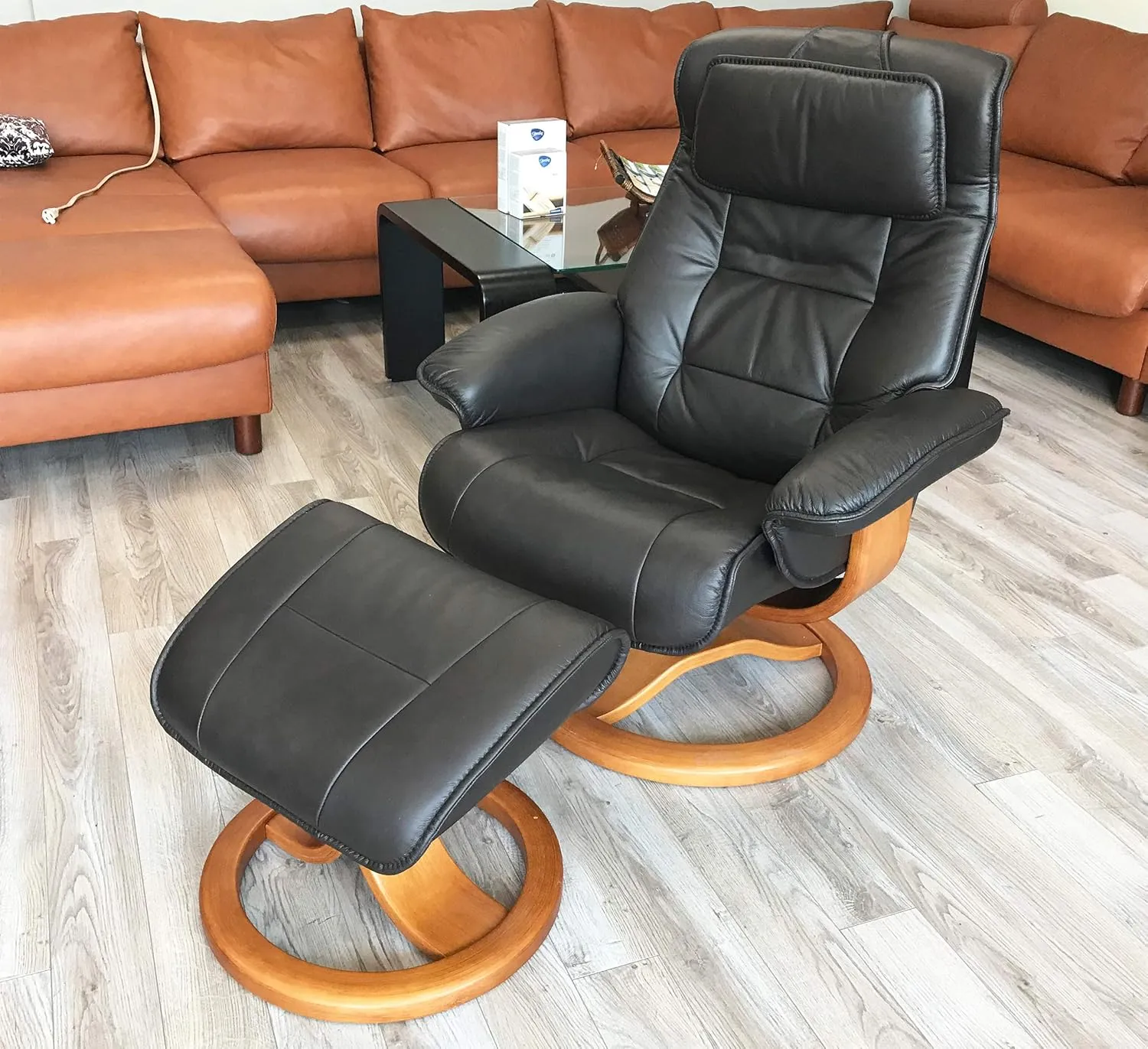 Fjords Mustang Small Leather Recliner Chair and Ottoman Norwegian Ergonomic Furniture Nordic Line Genuine Black Leather Walnut Wood