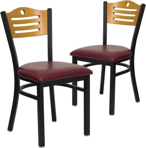Flash Furniture 2 Pk. HERCULES Series Black Slat Back Metal Restaurant Chair - Natural Wood Back, Burgundy Vinyl Seat
