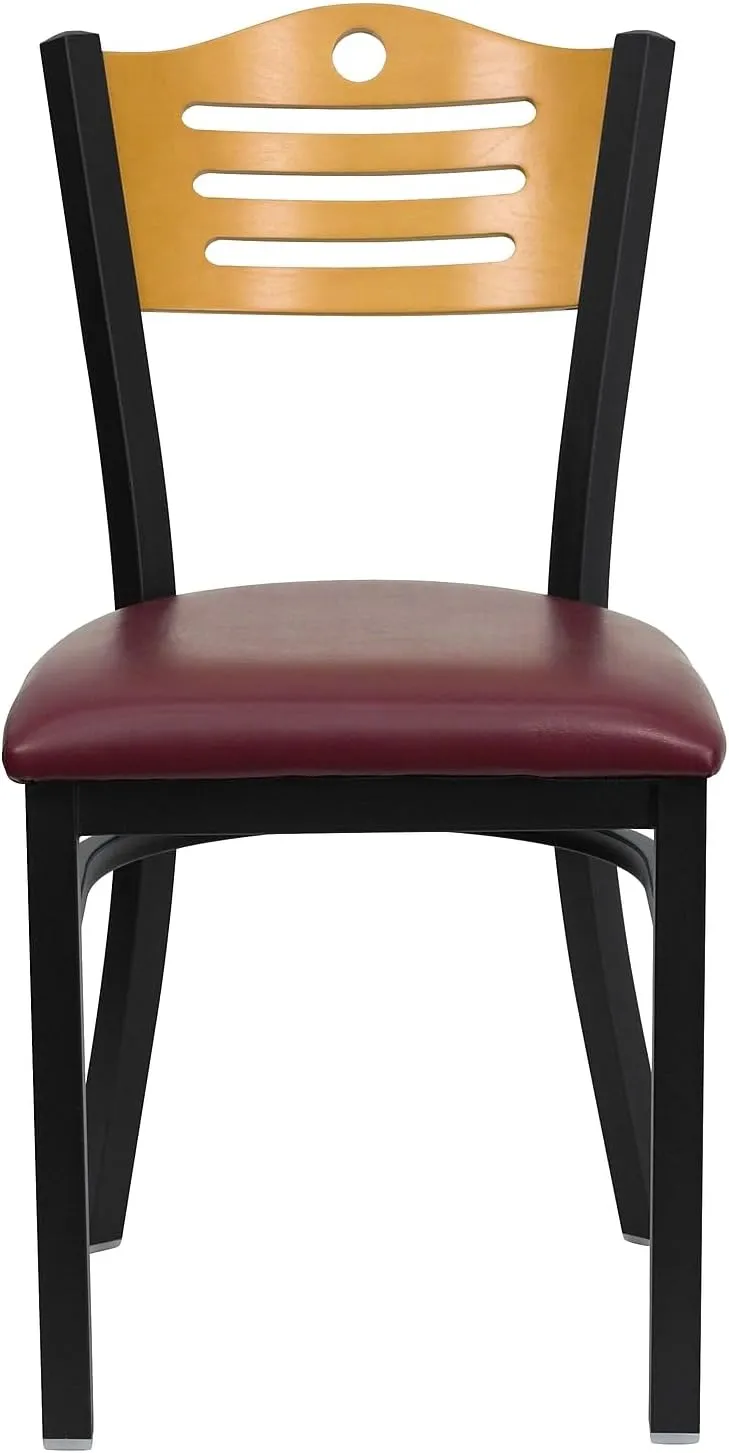 Flash Furniture 2 Pk. HERCULES Series Black Slat Back Metal Restaurant Chair - Natural Wood Back, Burgundy Vinyl Seat