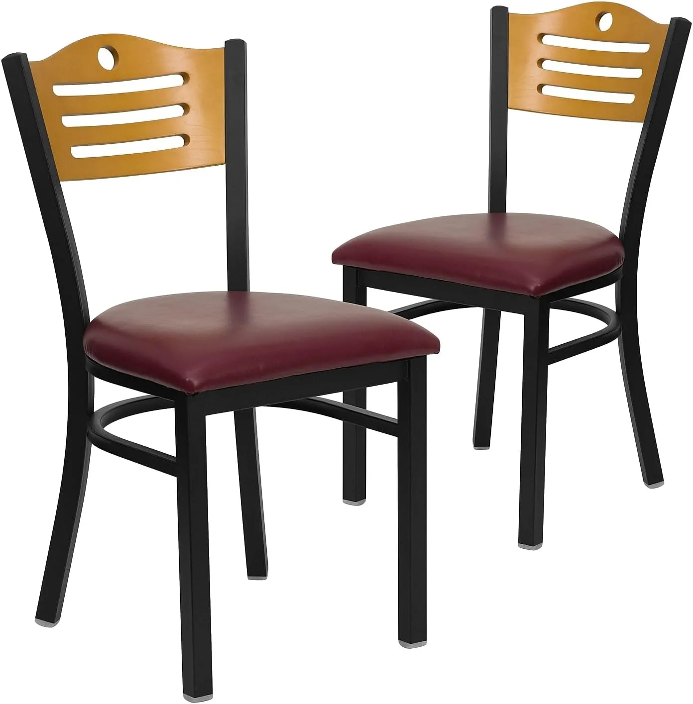Flash Furniture 2 Pk. HERCULES Series Black Slat Back Metal Restaurant Chair - Natural Wood Back, Burgundy Vinyl Seat