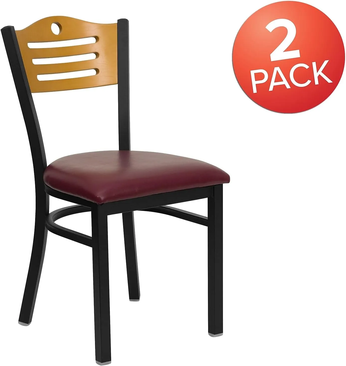 Flash Furniture 2 Pk. HERCULES Series Black Slat Back Metal Restaurant Chair - Natural Wood Back, Burgundy Vinyl Seat