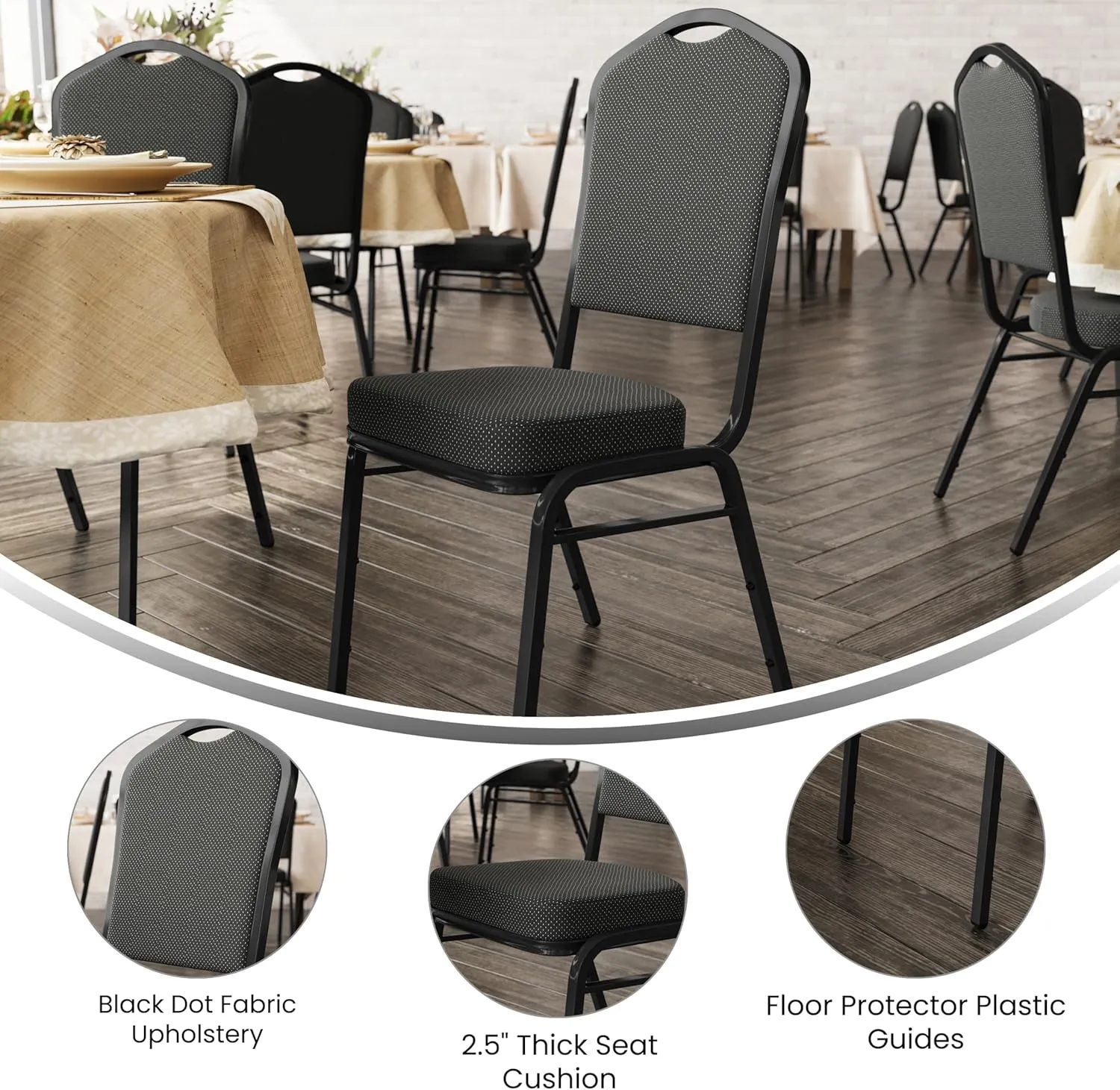 Flash Furniture 4 Pack Hercules Series Crown Back Stacking Banquet Chair in Black Dot Patterned Fabric - Black Frame