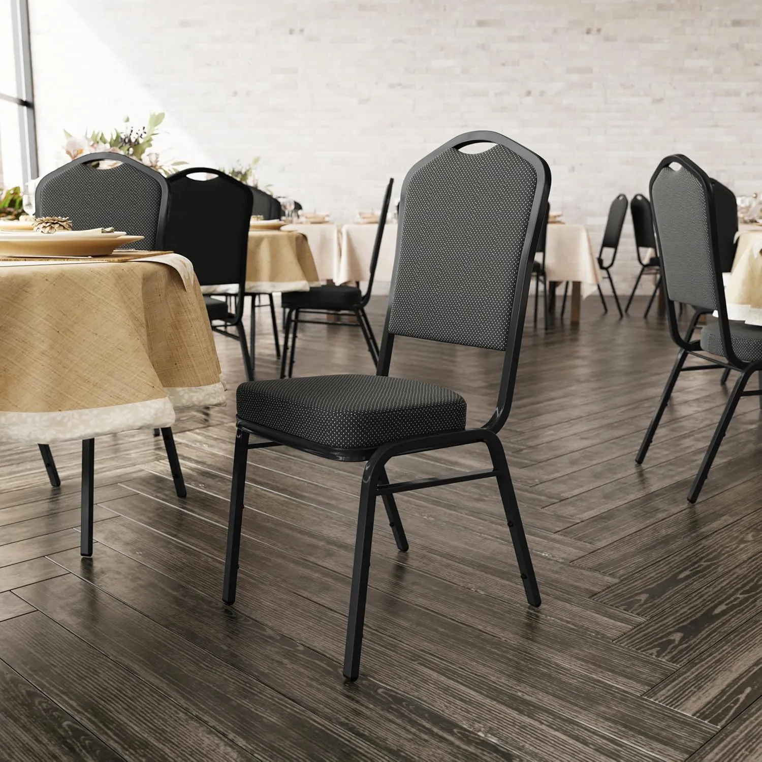 Flash Furniture 4 Pack Hercules Series Crown Back Stacking Banquet Chair in Black Dot Patterned Fabric - Black Frame