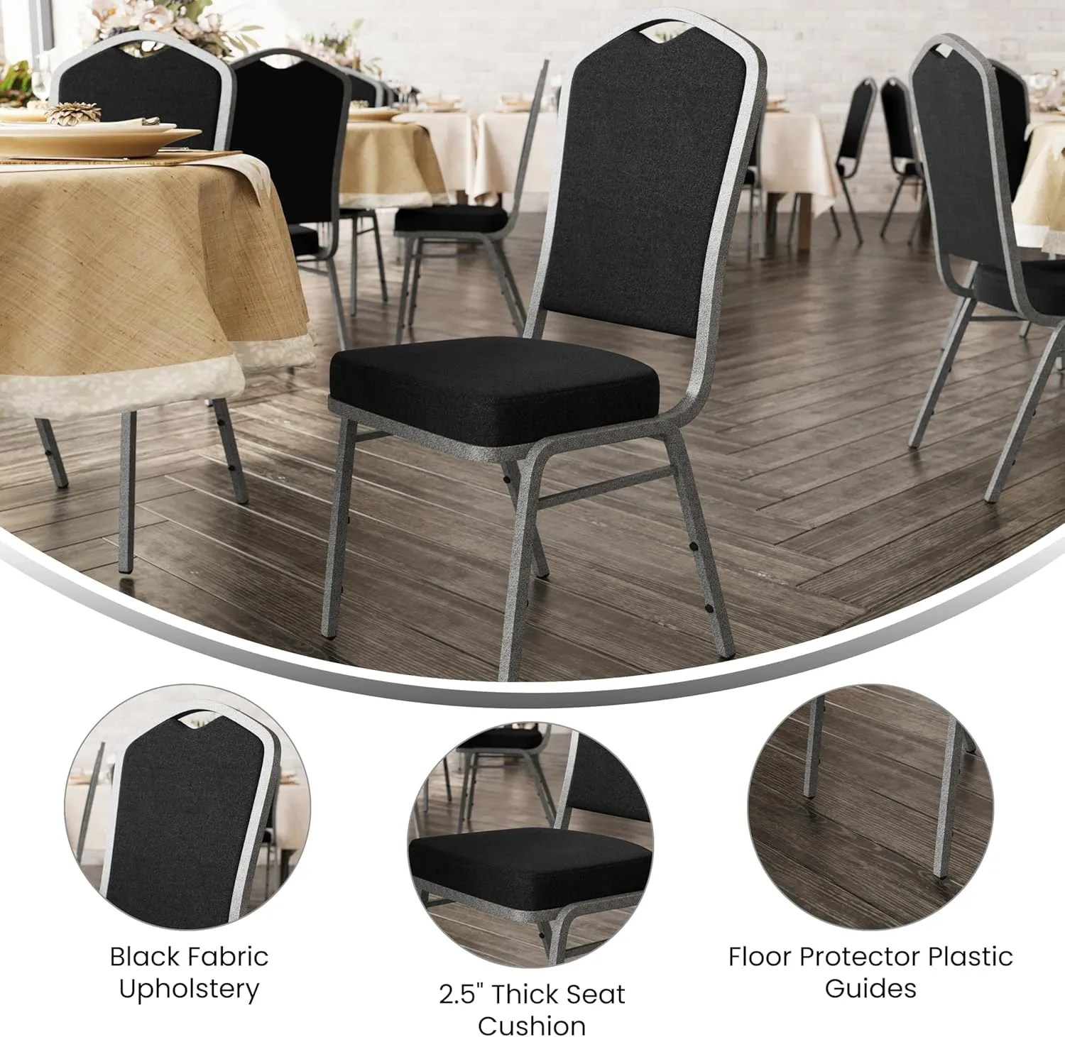 Flash Furniture 4 Pack Hercules Series Crown Back Stacking Banquet Chair in Black Fabric - Silver Vein Frame