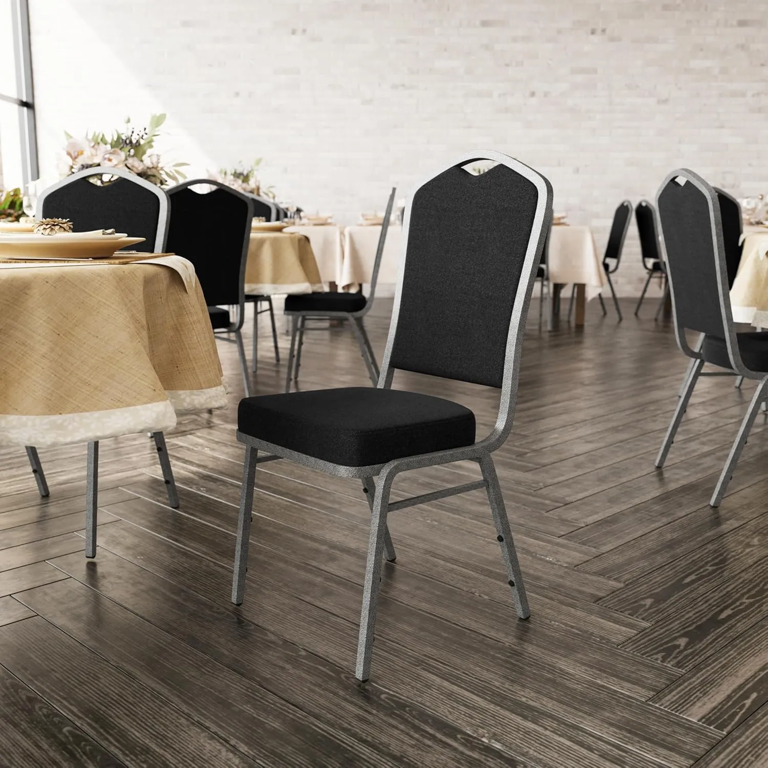 Flash Furniture 4 Pack Hercules Series Crown Back Stacking Banquet Chair in Black Fabric - Silver Vein Frame