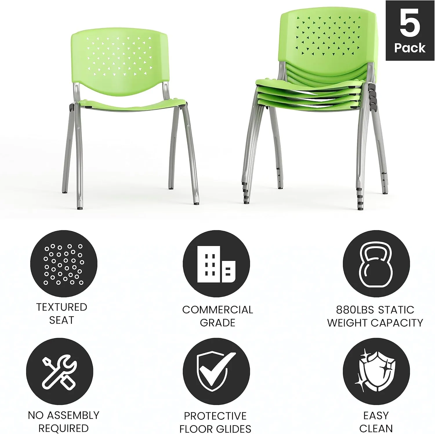 Flash Furniture HERCULES -5 Pack 880 lb. Capacity Green Plastic Stack Chair | Comfortable Seating with Durable Design