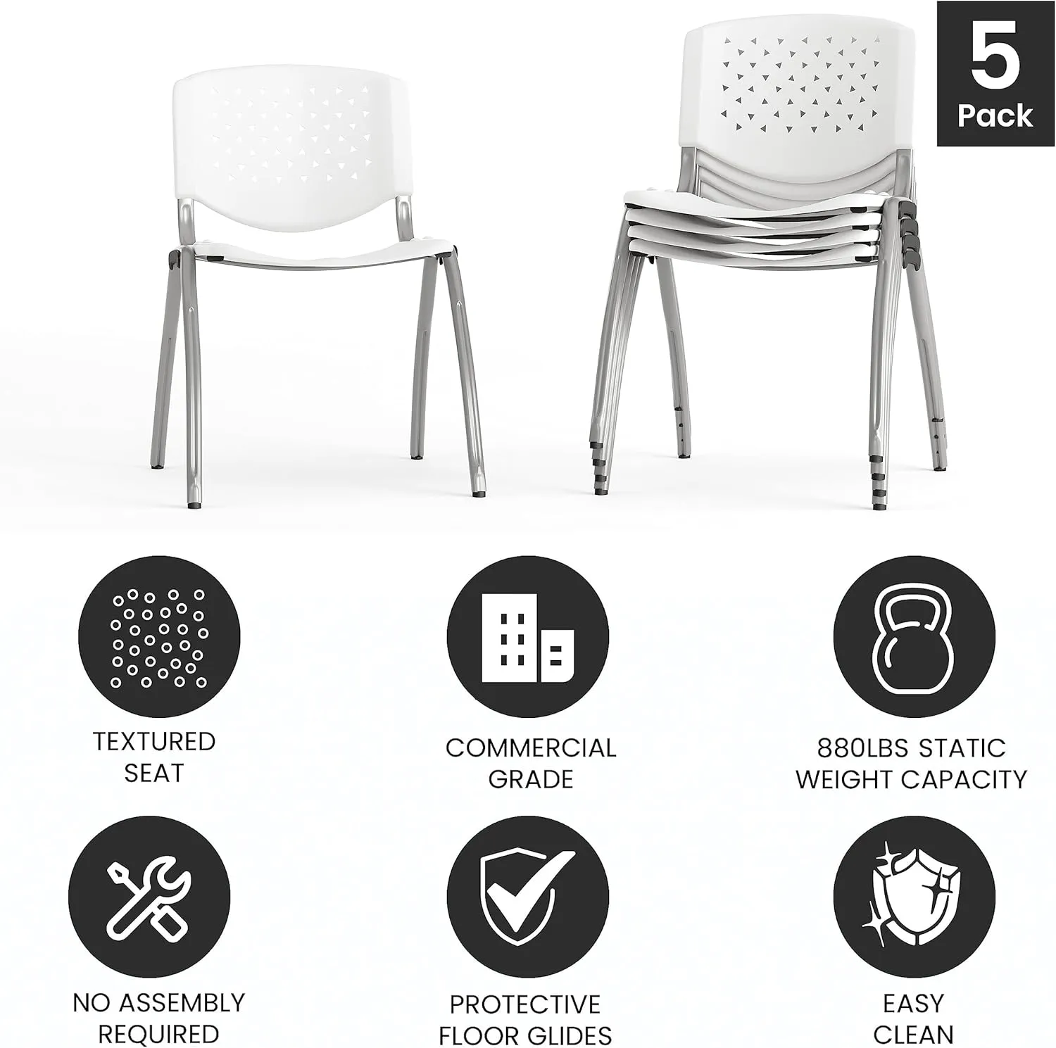Flash Furniture HERCULES -5 Pack 880 lb. Capacity White Plastic Stack Chair | Comfortable Seating with Durable Design
