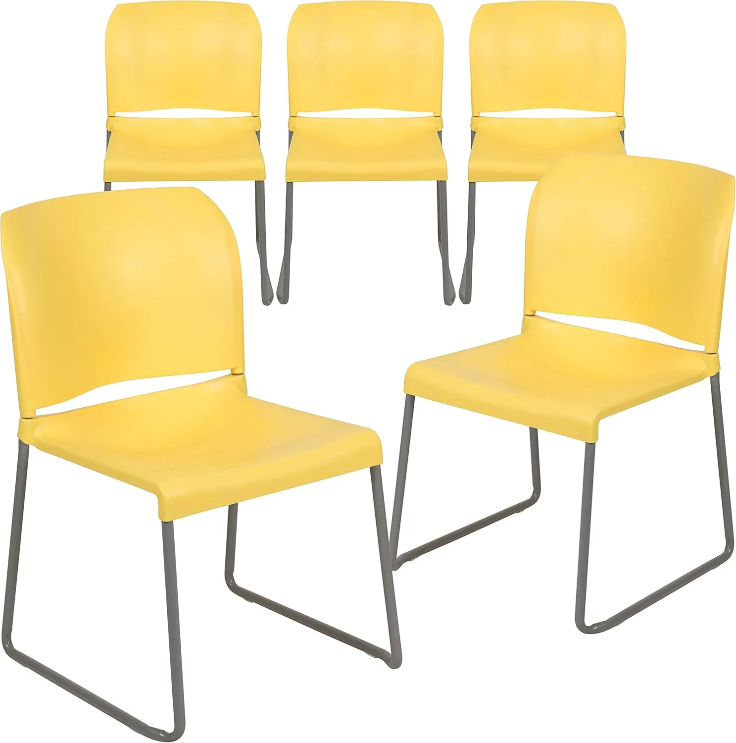 Flash Furniture HERCULES Series 5 Pack 880 lb. Capacity Yellow Full Back Contoured Stack Chair with Gray Powder Coated Sled Base