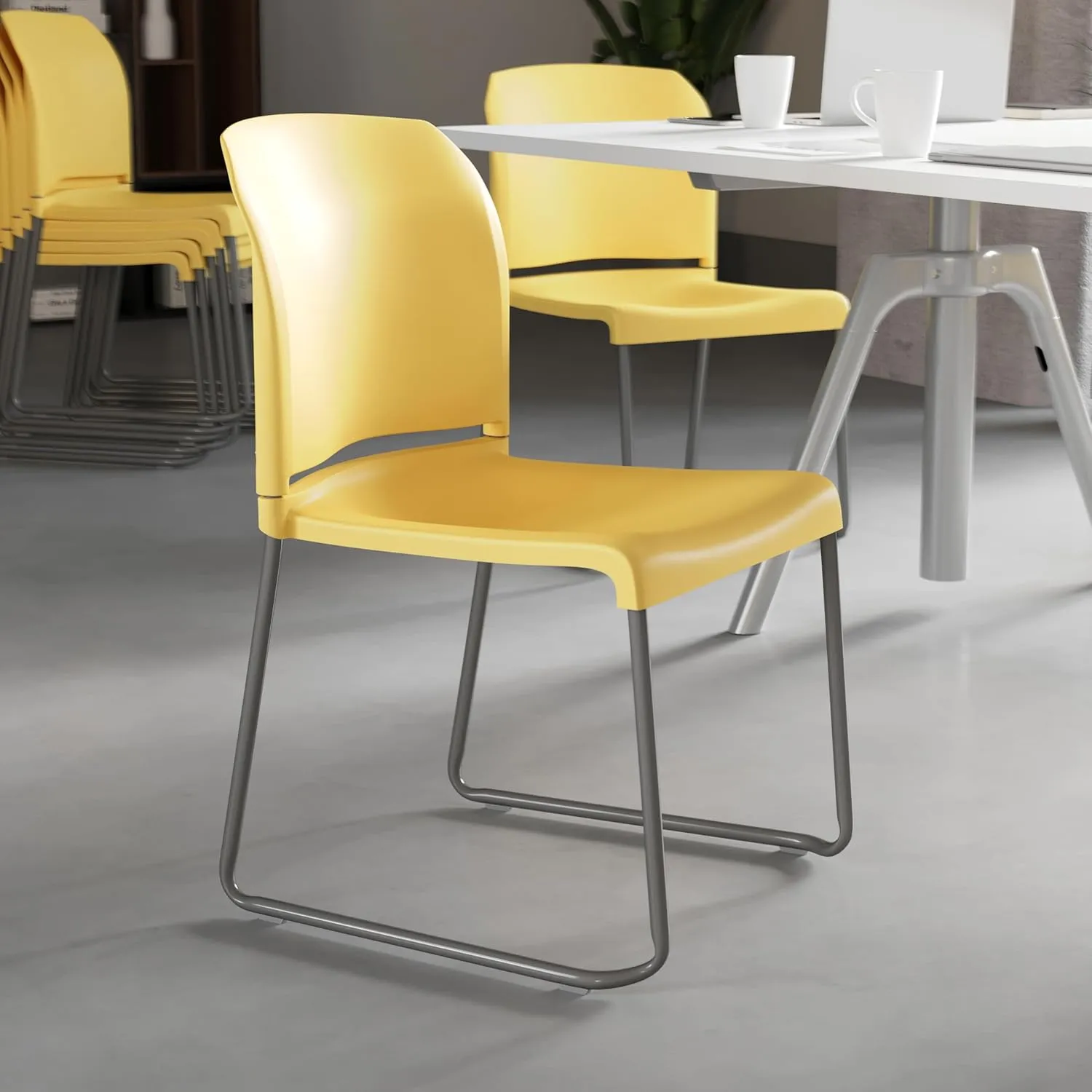 Flash Furniture HERCULES Series 5 Pack 880 lb. Capacity Yellow Full Back Contoured Stack Chair with Gray Powder Coated Sled Base