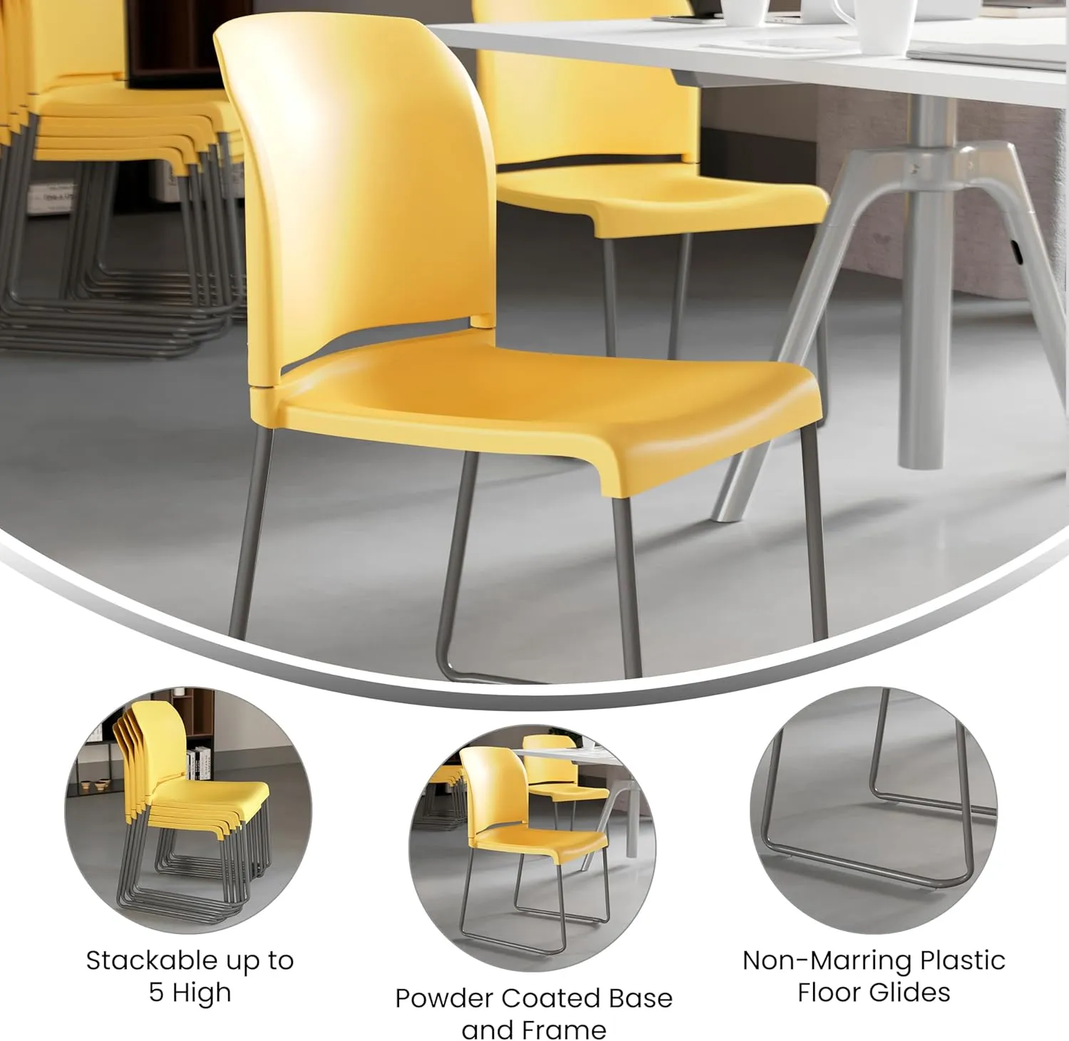 Flash Furniture HERCULES Series 5 Pack 880 lb. Capacity Yellow Full Back Contoured Stack Chair with Gray Powder Coated Sled Base
