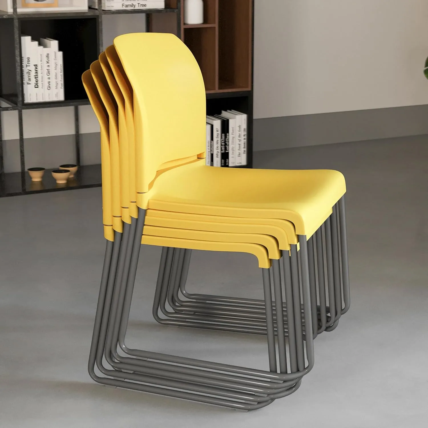 Flash Furniture HERCULES Series 5 Pack 880 lb. Capacity Yellow Full Back Contoured Stack Chair with Gray Powder Coated Sled Base