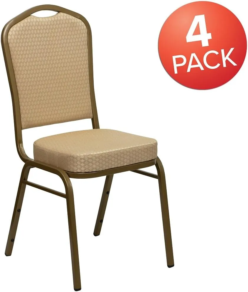 Flash Furniture Hercules Series Crown Back Stacking Banquet Chair, Set of 4, Beige Patterned Fabric/Gold Frame