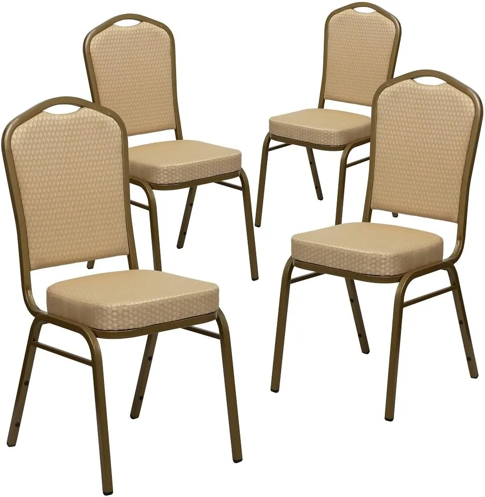 Flash Furniture Hercules Series Crown Back Stacking Banquet Chair, Set of 4, Beige Patterned Fabric/Gold Frame