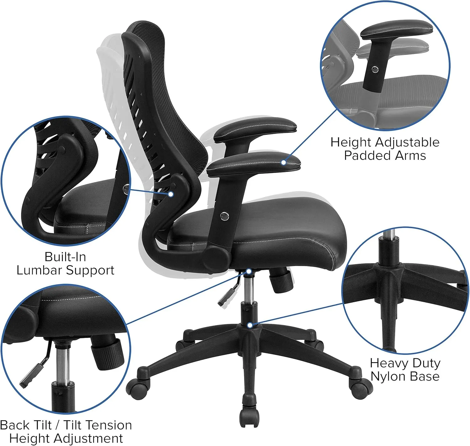 Flash Furniture Kale High Back Designer Black Mesh Executive Swivel Ergonomic Office Chair with LeatherSoft Seat and Adjustable Arms